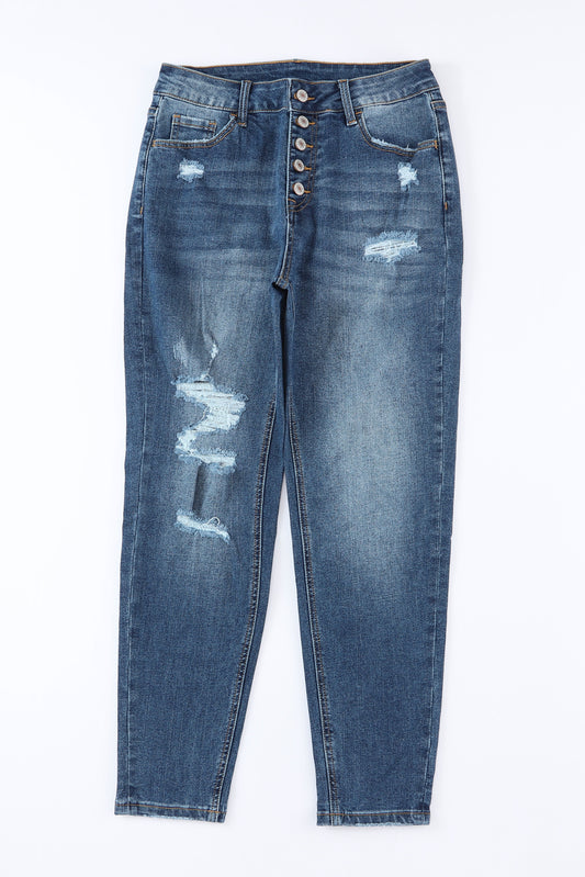 Blue Distressed Button Fly High Waist Skinny Jeans Jeans JT's Designer Fashion
