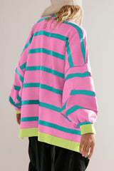 Pink Stripe Colorblock Drop Shoulder Buttoned Loose Cardigan Cardigans JT's Designer Fashion
