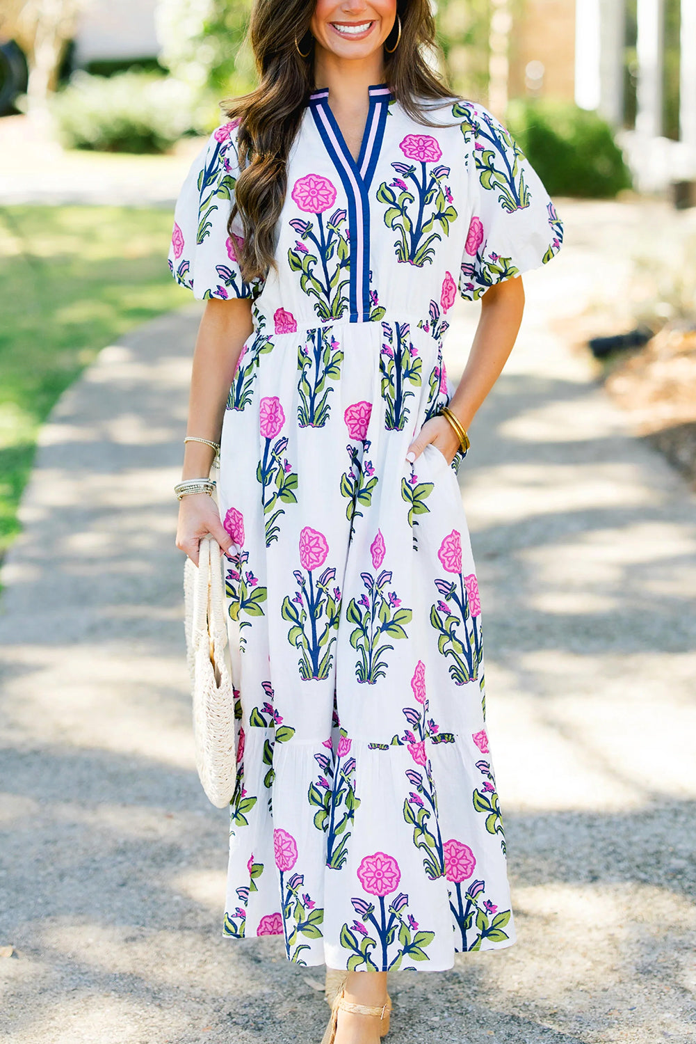 White Floral Puff Short Sleeve V Neck High Waist Maxi Dress Floral Dresses JT's Designer Fashion