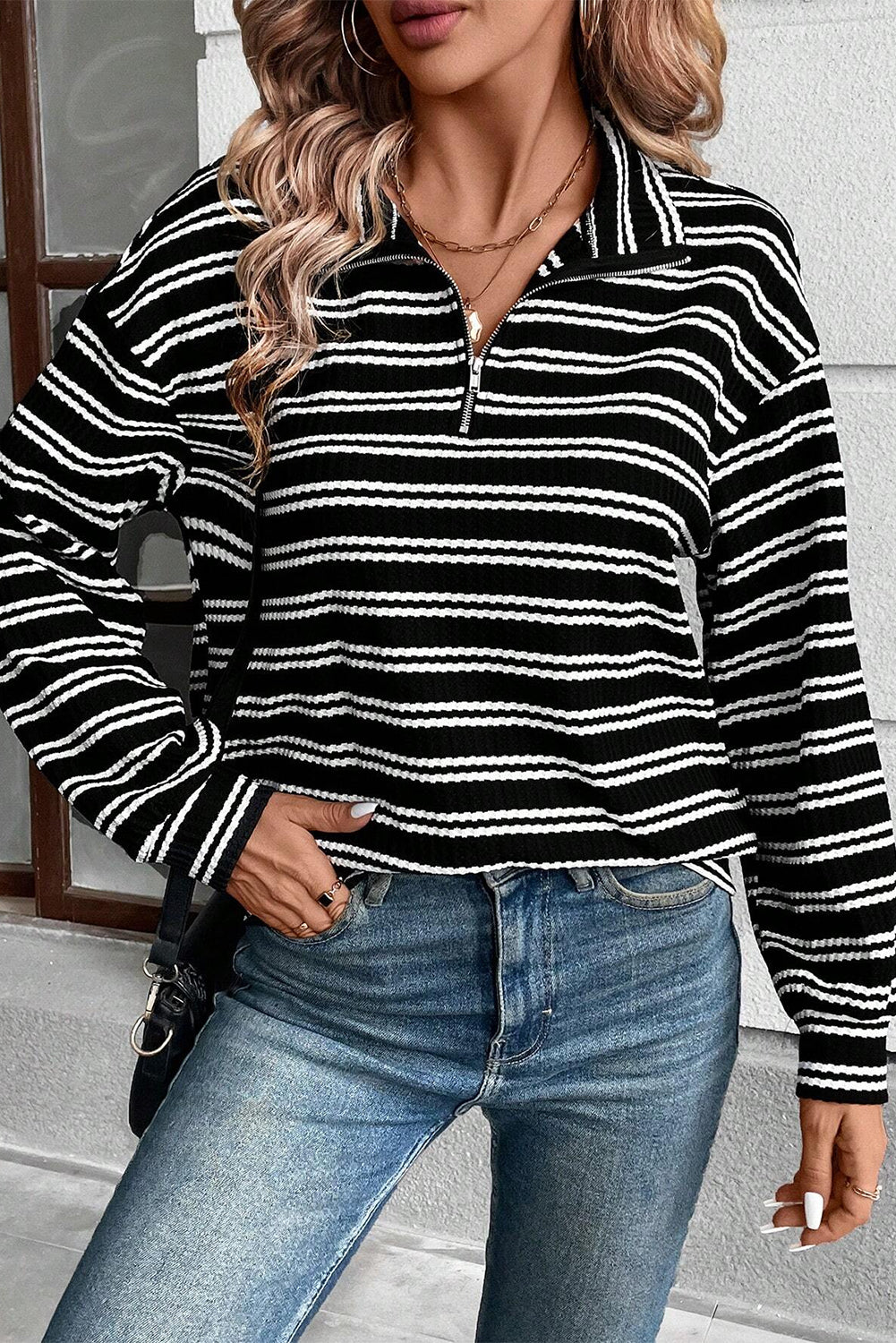 Black Stripe Textured Quarter Zip Collar Long Sleeve Top Long Sleeve Tops JT's Designer Fashion