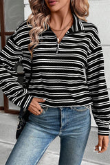 Black Stripe Textured Quarter Zip Collar Long Sleeve Top Long Sleeve Tops JT's Designer Fashion