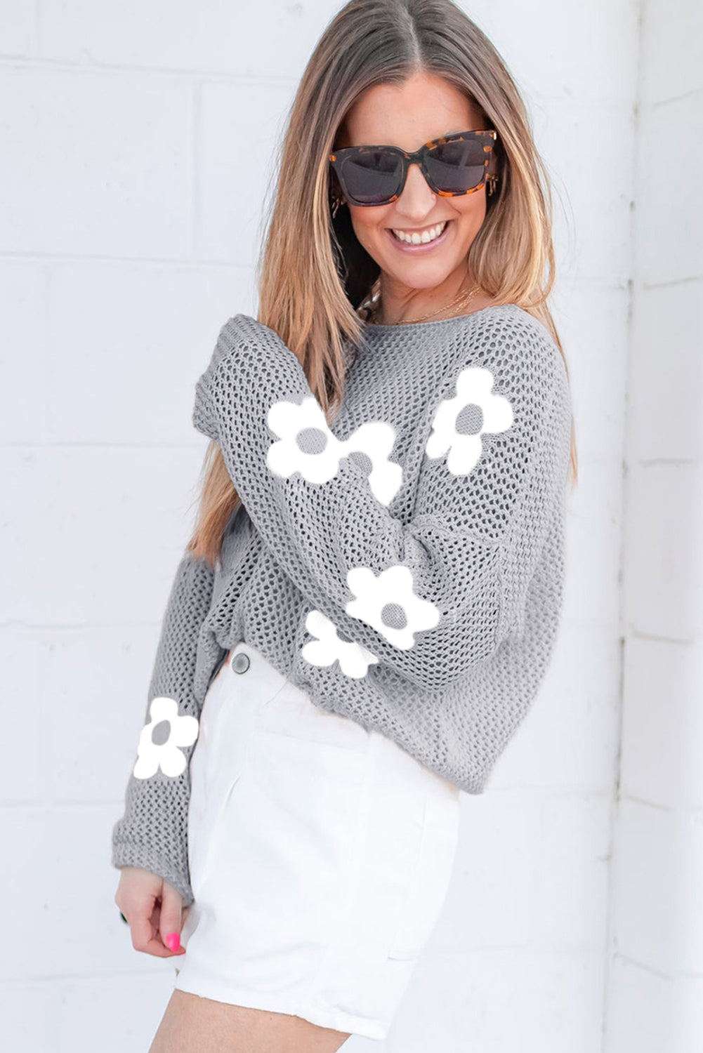Light Grey Big Flower Hollowed Knit Drop Shoulder Sweater Sweaters JT's Designer Fashion