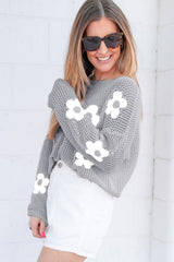 Light Grey Big Flower Hollowed Knit Drop Shoulder Sweater Sweaters JT's Designer Fashion