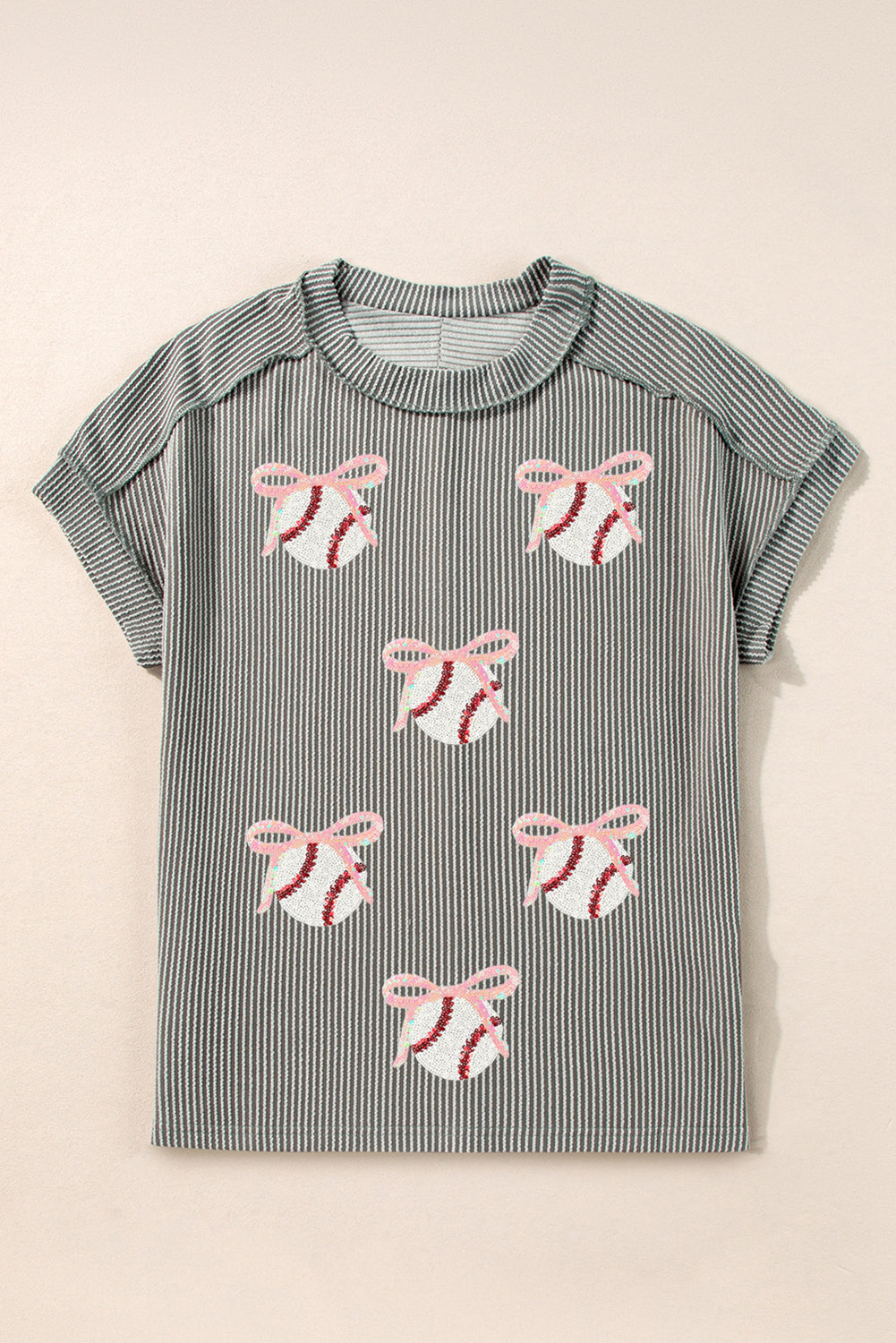 Medium Grey Twist Ribbed Sequined Bow Rugby Game Day Pattern Knit T Shirt Graphic Tees JT's Designer Fashion
