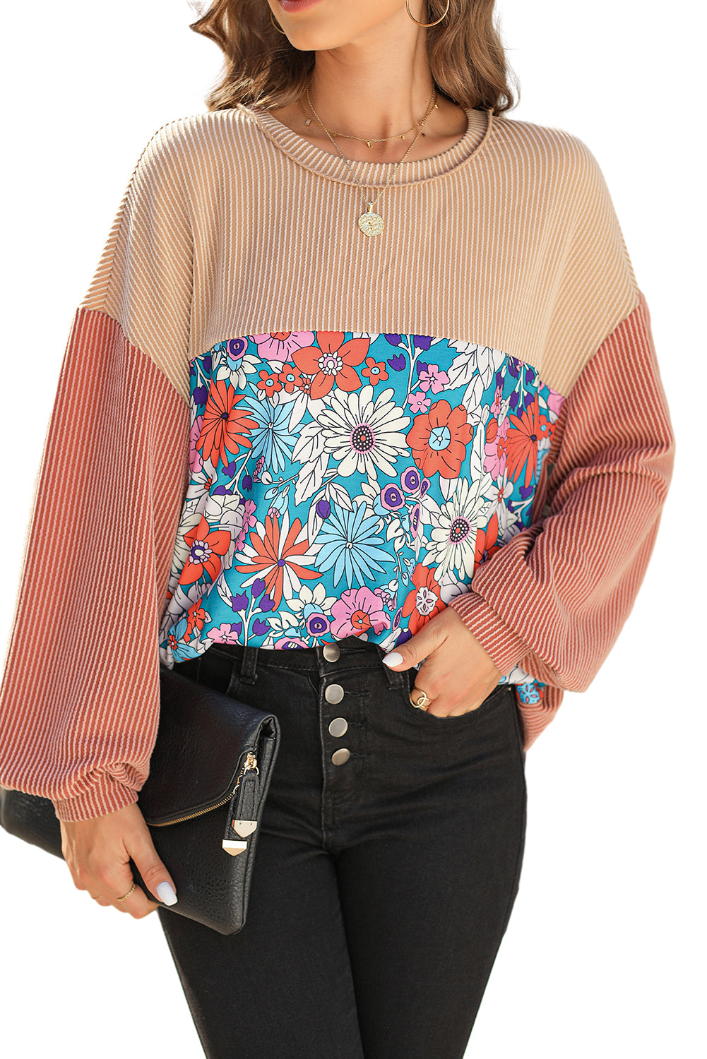 Printed Floral Contrast Colorblock Ribbed Top Long Sleeve Tops JT's Designer Fashion