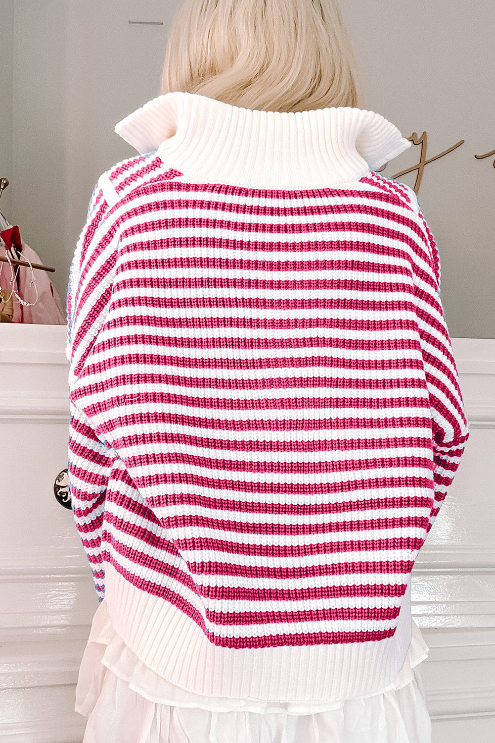 Pink Stripe Zip up Collar Drop Shoulder Sweater Sweaters JT's Designer Fashion