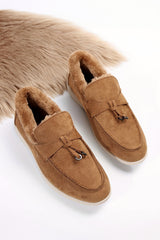 Chestnut Suede Furry Lined Slip on Flat Shoes Women's Shoes JT's Designer Fashion