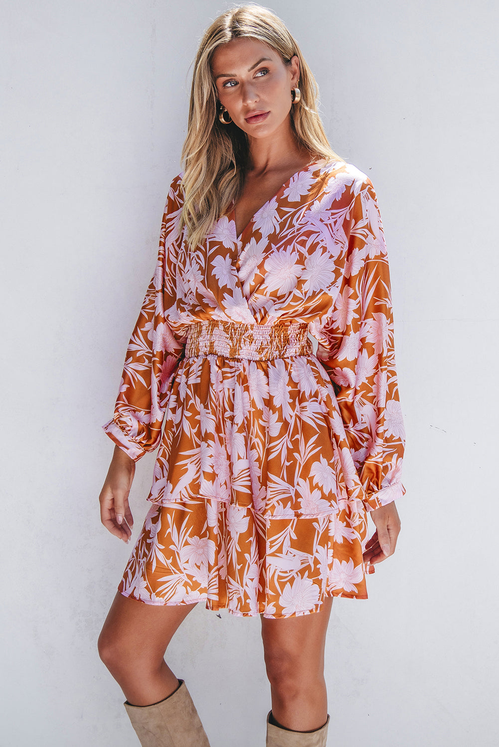 Brown Floral Puff Sleeve Smocked Waist Layered Dress Floral Dresses JT's Designer Fashion