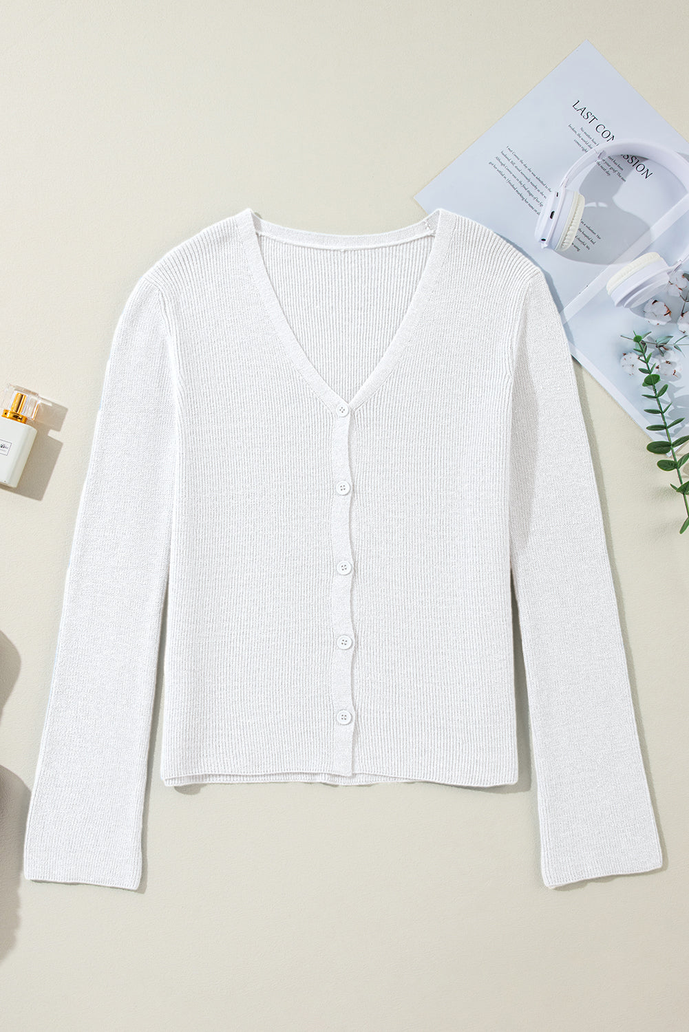 White Lightweight Ribbed Knit Button Front V Neck Cardigan Cardigans JT's Designer Fashion