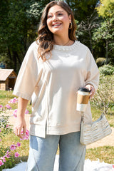 Beige Pearl Decor Crew Neck Half Sleeve Plus Size T Shirt Plus Size Tops & Tees JT's Designer Fashion