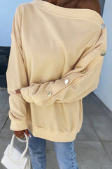 Beige Buttoned Sleeve Dropped Shoulder Sweatshirt Sweatshirts & Hoodies JT's Designer Fashion
