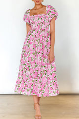 Pink Dainty Floral Smocked Puff Sleeve Flowy Long Dress Maxi Dresses JT's Designer Fashion