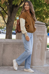 Chestnut Color Block Half Zip Kangaroo Pocketed Hoodie Sweatshirts & Hoodies JT's Designer Fashion