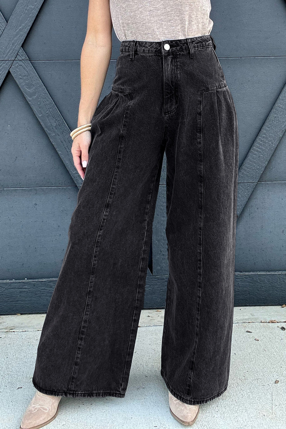 Dark Grey Pleated Wide Leg Mineral Wash Denim Pants Dark Grey 65%Cotton+33%Polyester+2%Elastane Jeans JT's Designer Fashion
