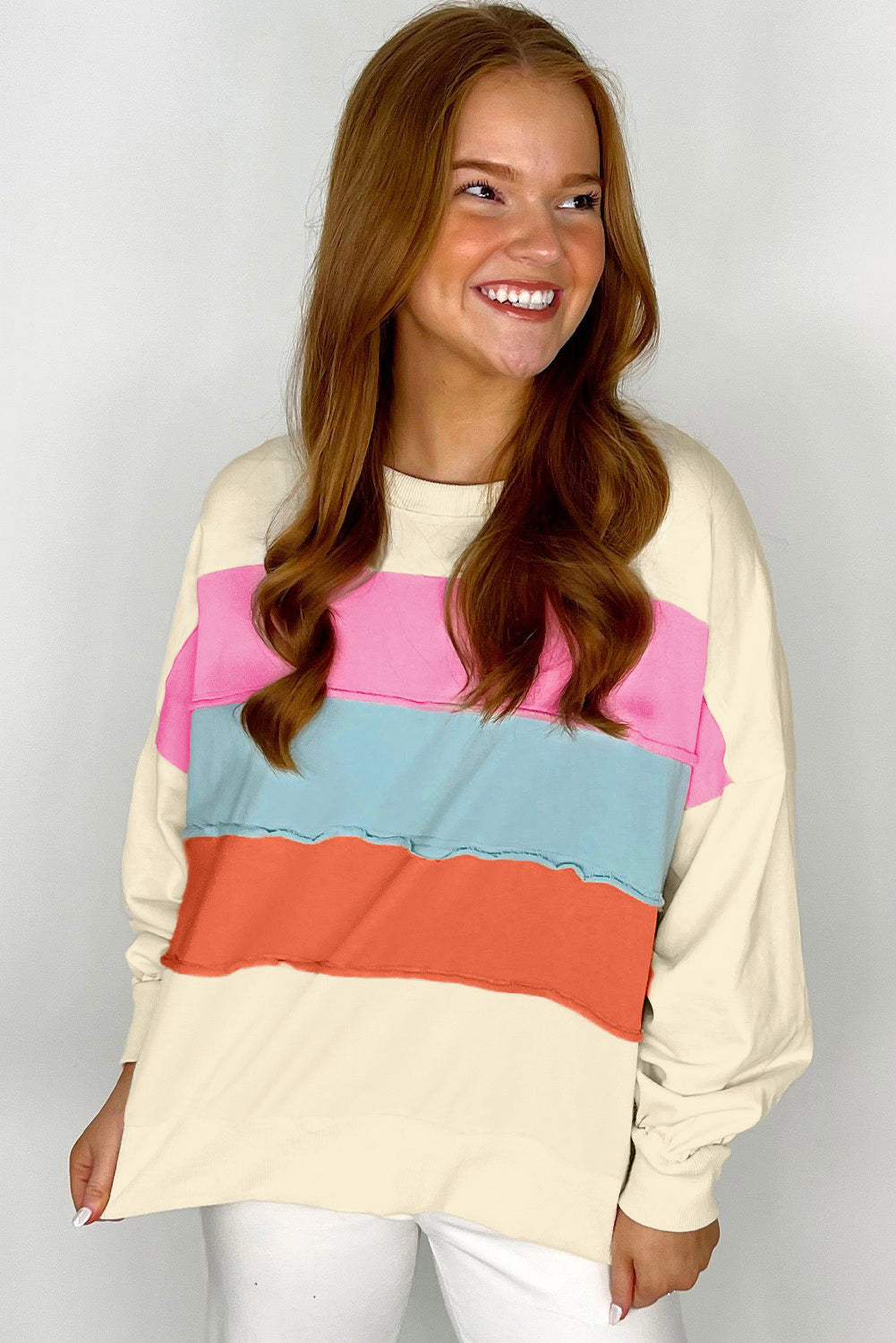 White Colorblock Patchwork Crewneck Drop Shoulder Sweatshirt Sweatshirts & Hoodies JT's Designer Fashion