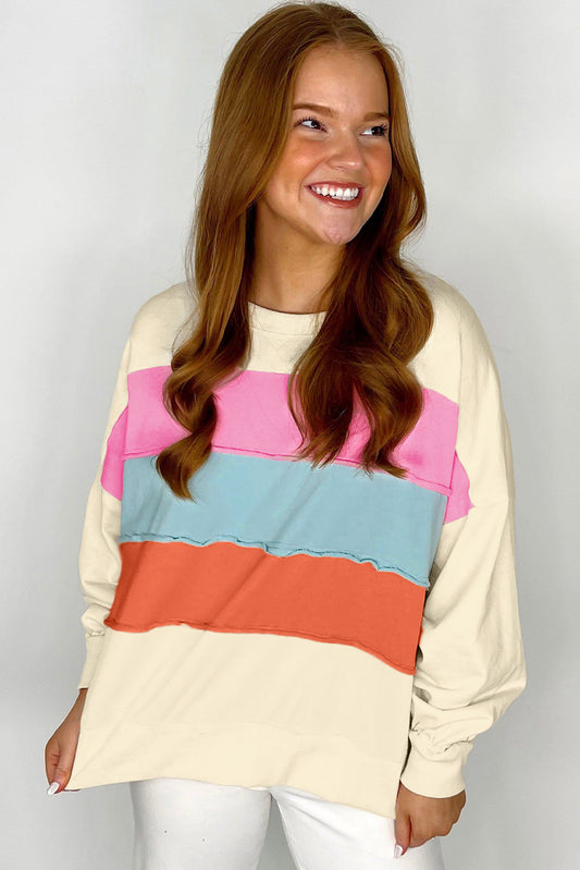 White Colorblock Patchwork Crewneck Drop Shoulder Sweatshirt Sweatshirts & Hoodies JT's Designer Fashion