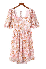 White Floral Print Bow Knot Backless Square Neck Mini Dress Floral Dresses JT's Designer Fashion