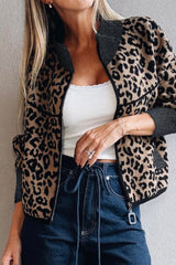 Khaki Leopard Print Zip Up Stand Neck Side Pocket Jacket Jackets JT's Designer Fashion