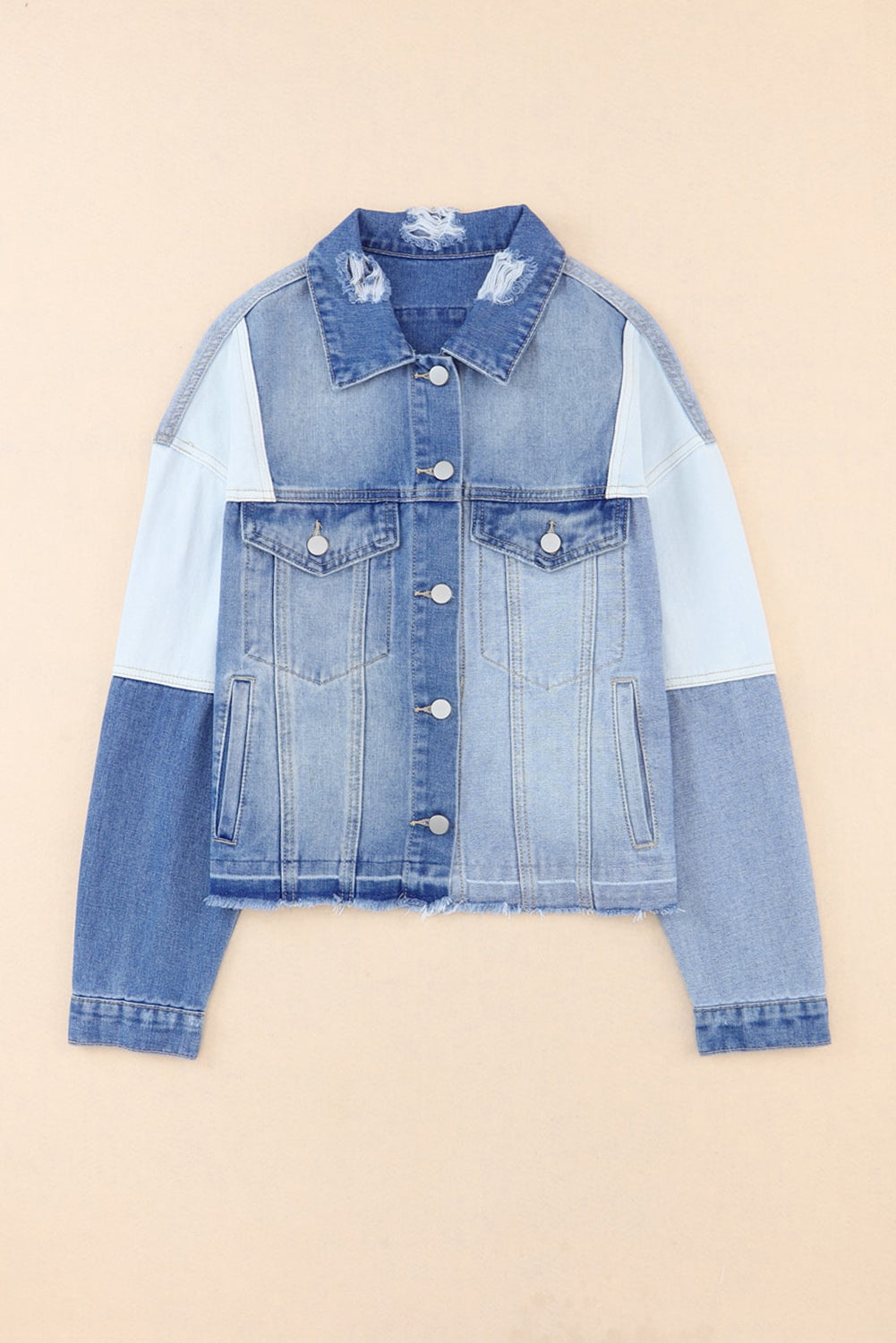 Sky Blue Color Block Denim Patchwork Frayed Hem Jacket Denim Jackets JT's Designer Fashion