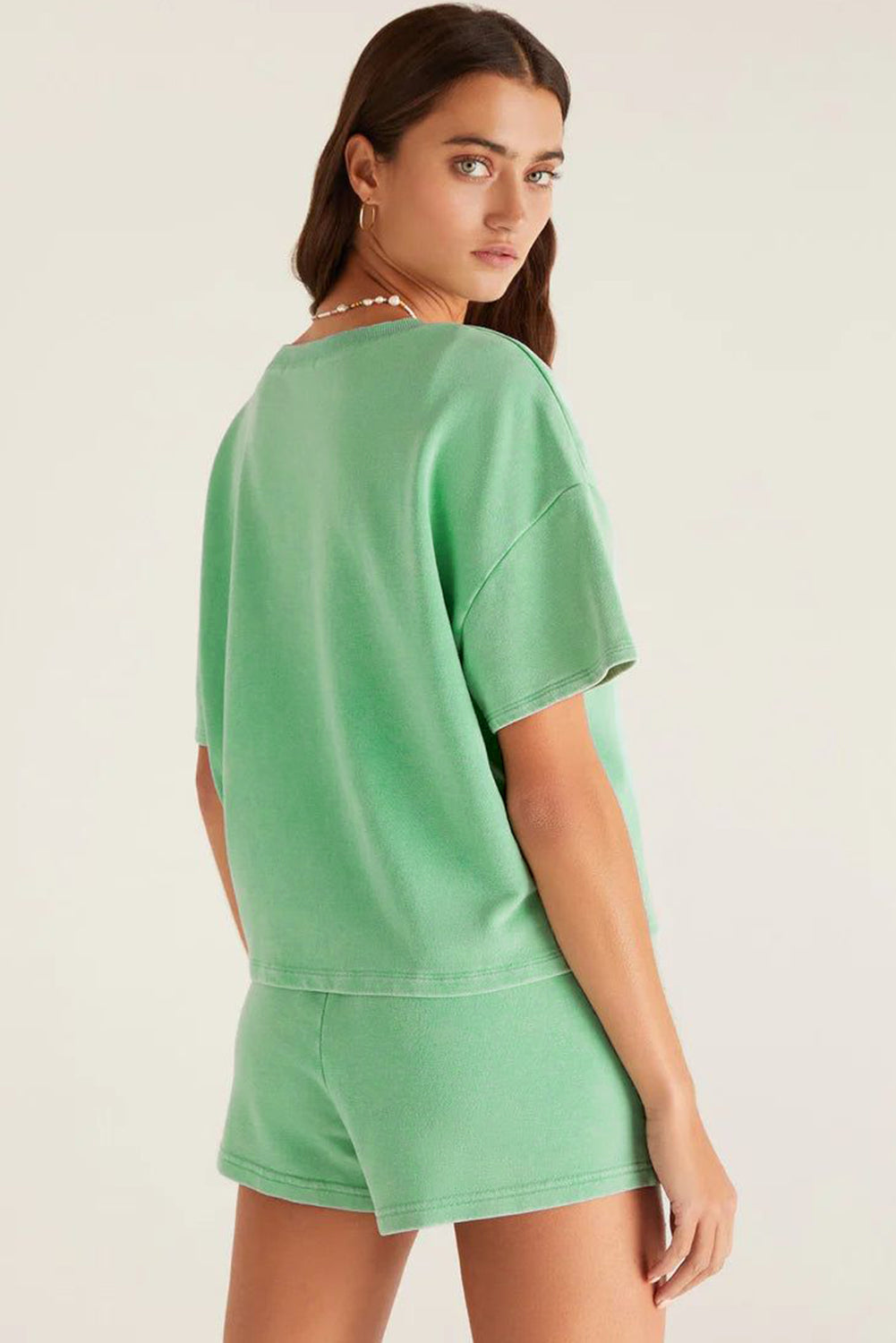 Mint Green V Neck Drop Shoulder Tee and Patchwork Drawstring Elastic Waistband Shorts Set Short Sets JT's Designer Fashion