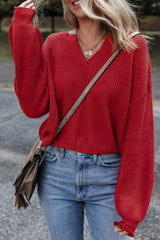 Racing Red Solid Textured Knit V Neck Drop Shoulder Sweater Sweaters JT's Designer Fashion