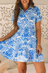 Sky Blue Retro Floral Print Drawstring Waist Ruffled Mini Dress Floral Dresses JT's Designer Fashion