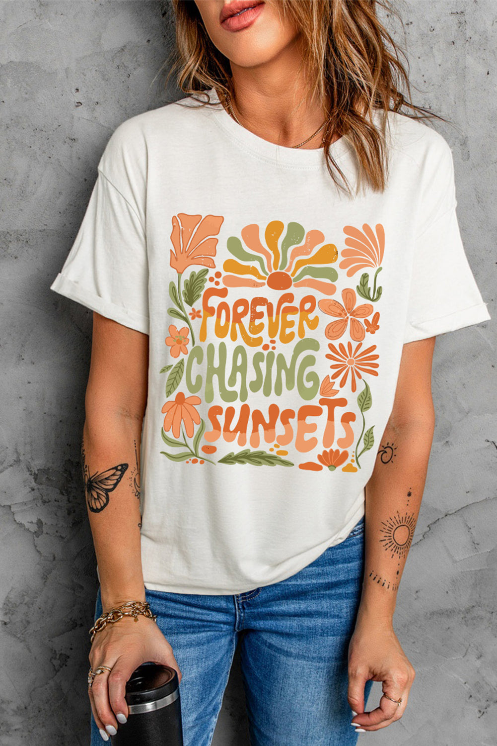 White FOREVER CHASING SUNSETS Floral Print T Shirt Graphic Tees JT's Designer Fashion