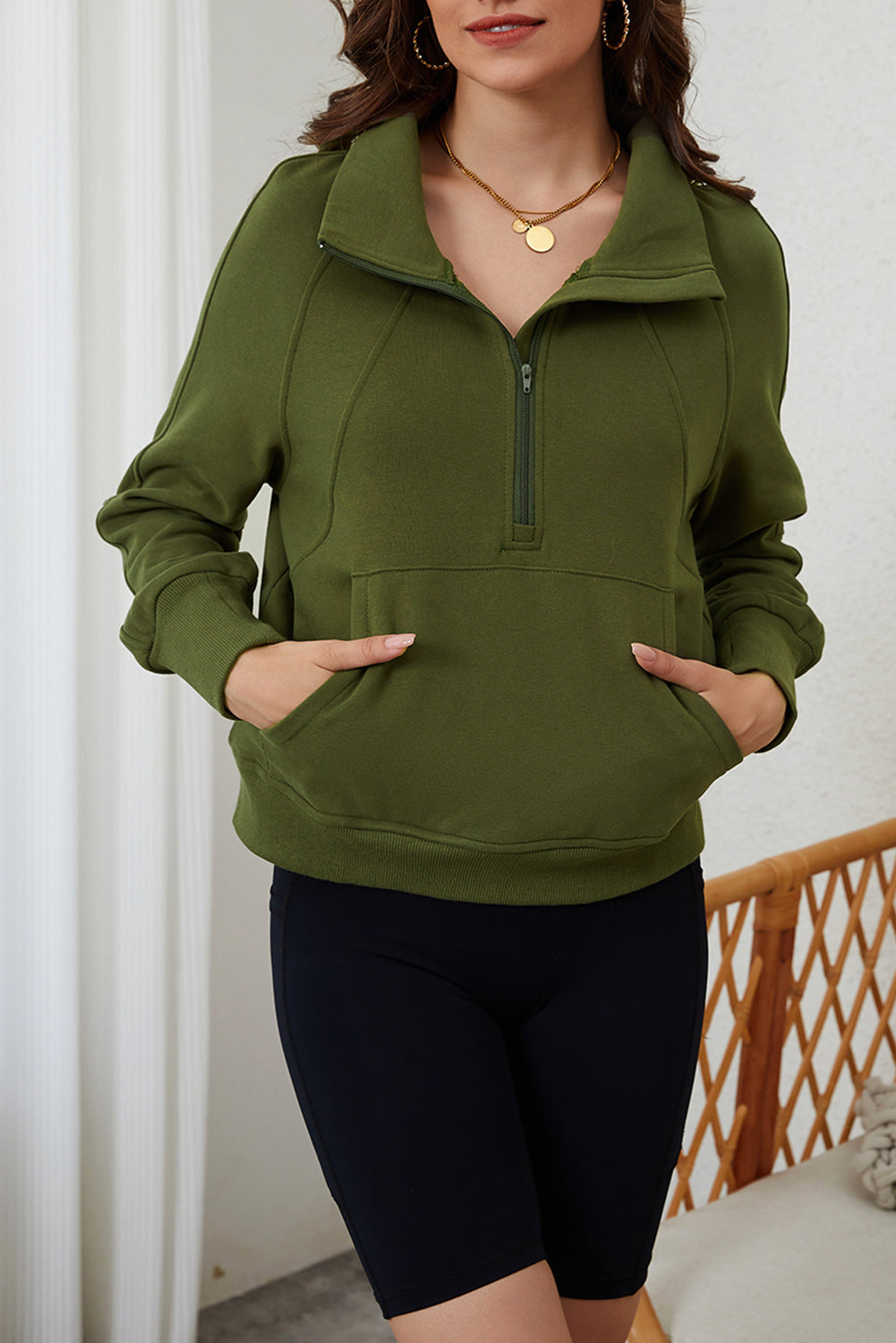 Moss Green Quarter Zip Stand Neck Kangaroo Pocket Sweatshirt Sweatshirts & Hoodies JT's Designer Fashion