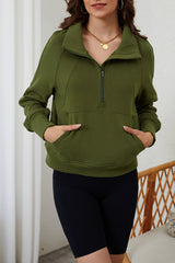 Moss Green Quarter Zip Stand Neck Kangaroo Pocket Sweatshirt Sweatshirts & Hoodies JT's Designer Fashion