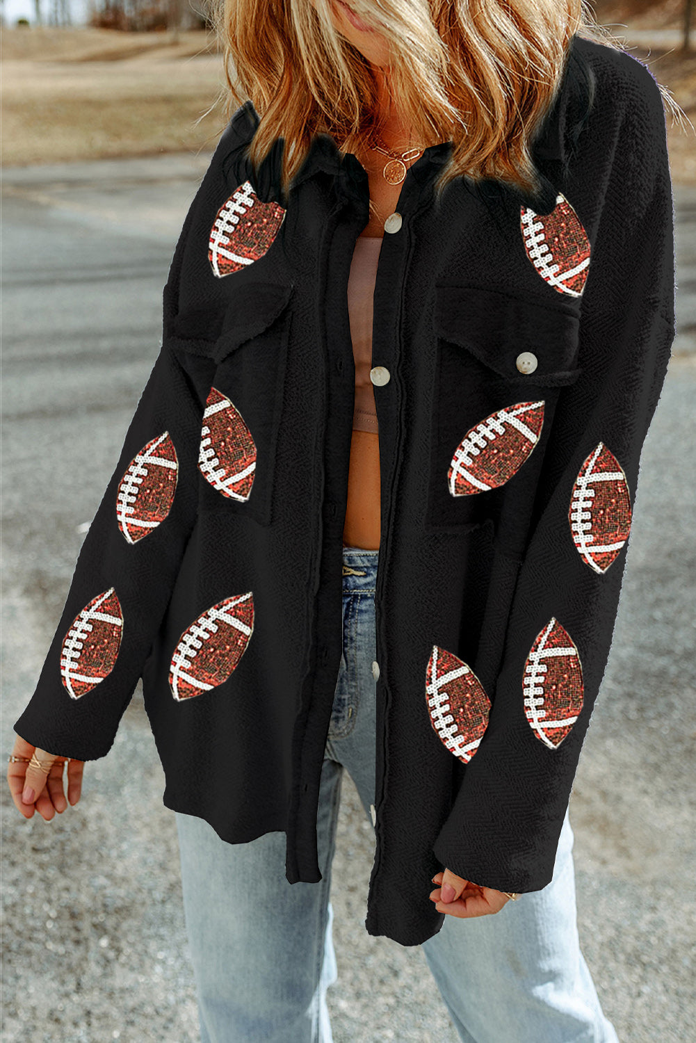 Black Sequined Rugby Flap Pockets Buttoned Shacket Jackets JT's Designer Fashion