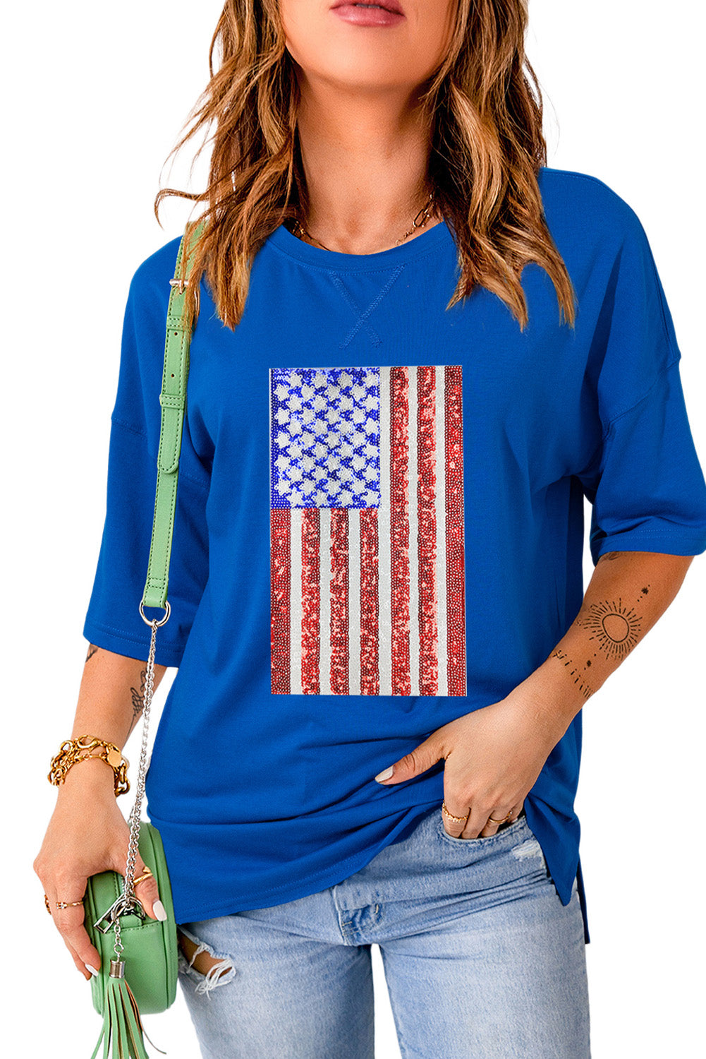 Dark Blue Sequin American Flag Graphic Split Baggy T Shirt Graphic Tees JT's Designer Fashion