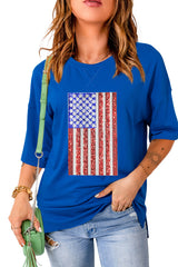 Dark Blue Sequin American Flag Graphic Split Baggy T Shirt Graphic Tees JT's Designer Fashion