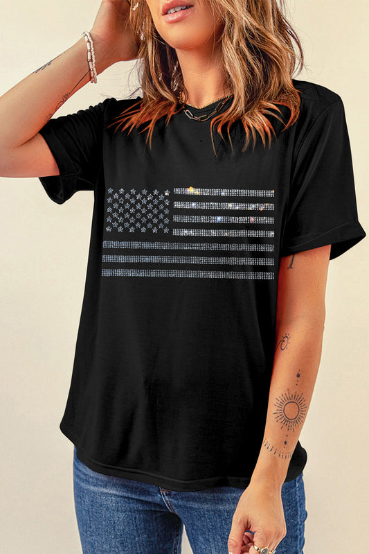 Black Glittering Rhinestone American Flag Pattern T Shirt Graphic Tees JT's Designer Fashion