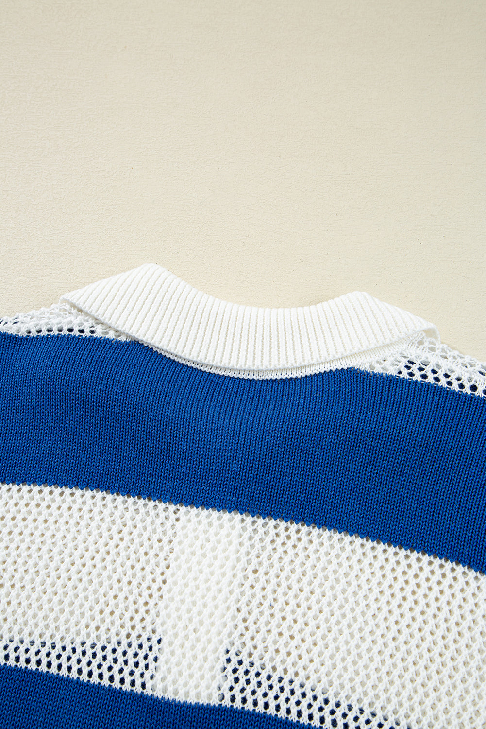 Blue Stripe Colorblock Polo Collar Eyelet Crochet Knitted Sweater Sweaters JT's Designer Fashion
