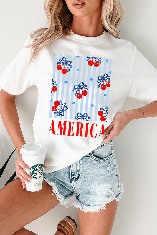 White Bow Cherry AMERICA Graphic Crewneck Patriotic T Shirt Graphic Tees JT's Designer Fashion