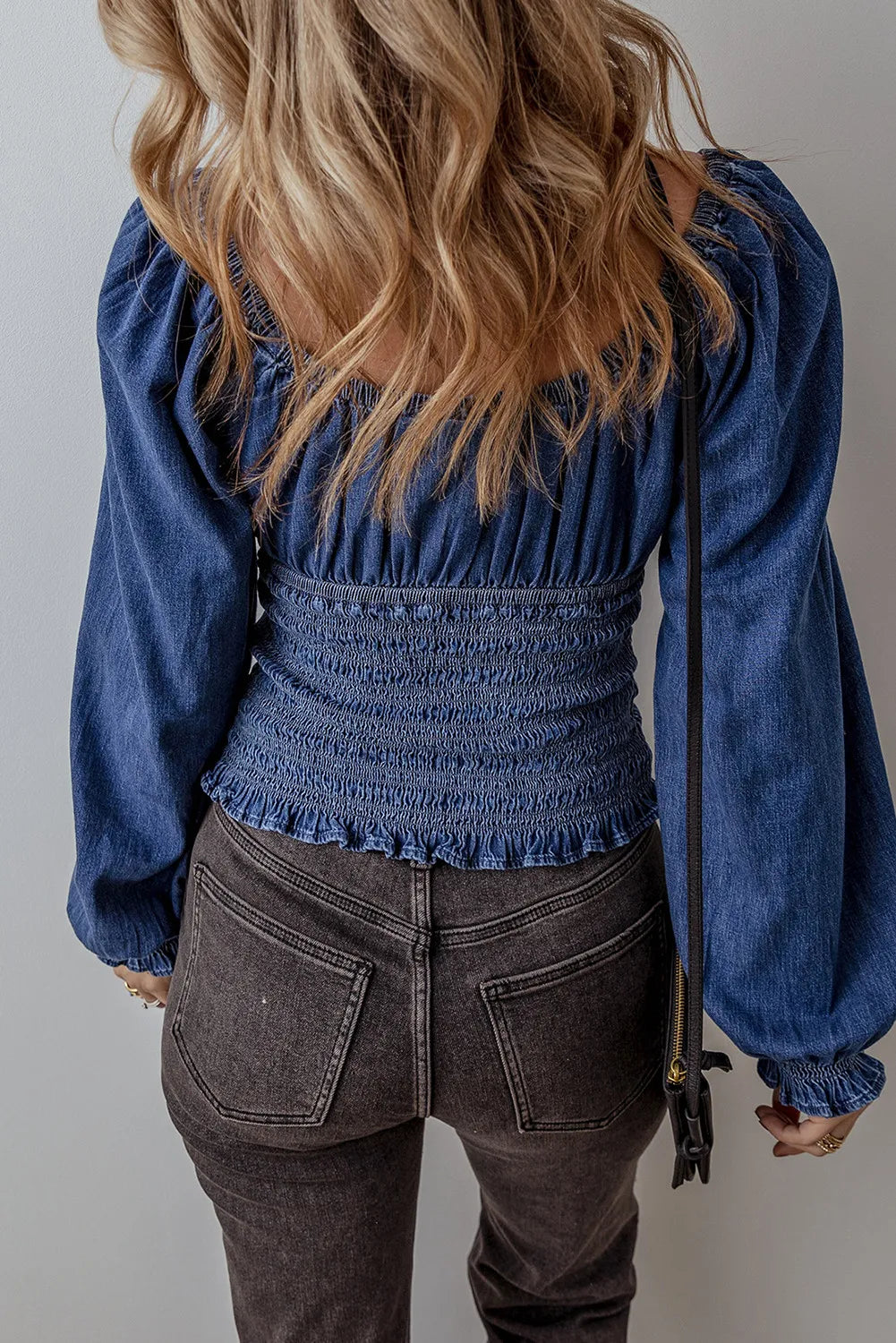 Smocked Long Sleeve Denim Top Long Sleeve Tops JT's Designer Fashion