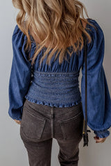 Smocked Long Sleeve Denim Top Long Sleeve Tops JT's Designer Fashion
