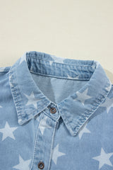 Sky Blue Star Print Light Wash Raw Hem Denim Jacket Denim Jackets JT's Designer Fashion