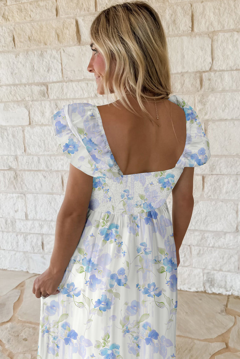Sky Blue Floral Smocked High Waist Double Ruffle Sleeveless Long Dress Maxi Dresses JT's Designer Fashion