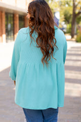 Turquoise Cordrd Balloon Sleeve Collar Plus Babydoll Top Plus Size Long Sleeve Tops JT's Designer Fashion