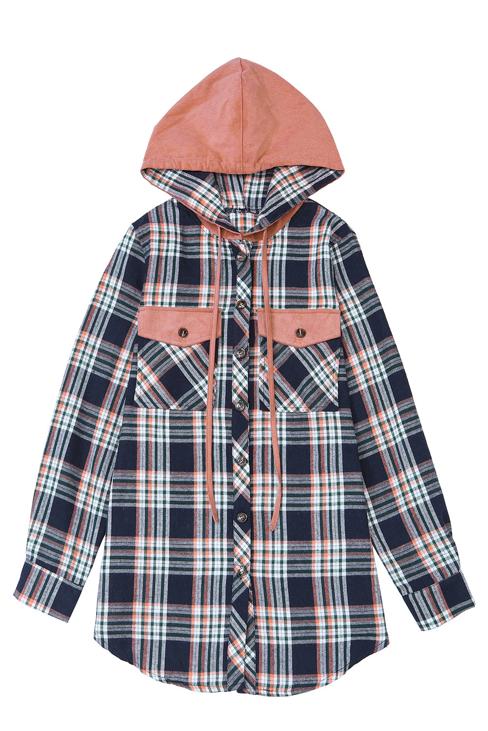 Pink Contrast Hooded Drawstring Plaid Shacket Plaid Shackets JT's Designer Fashion