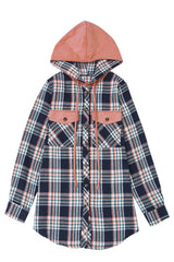 Pink Contrast Hooded Drawstring Plaid Shacket Plaid Shackets JT's Designer Fashion