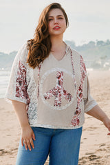 Khaki V Neck Floral Peace Sign Graphic Lace Patch Ribbed Plus Size Hooded Top Plus Size Tops & Tees JT's Designer Fashion