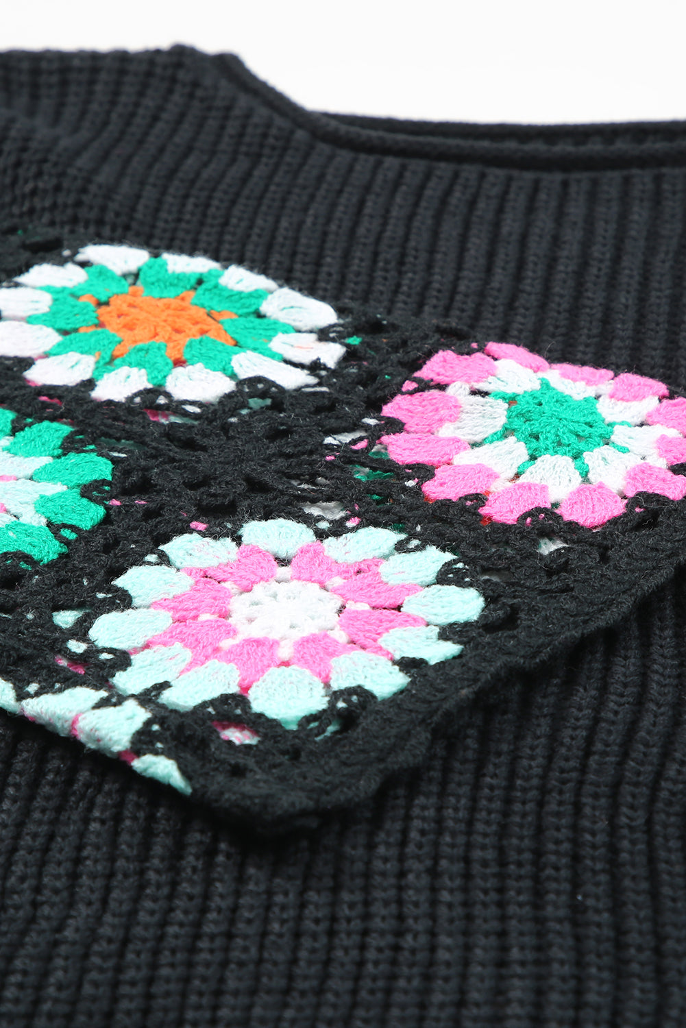 Black Floral Crochet Bell Sleeve Loose Sweater Sweaters JT's Designer Fashion