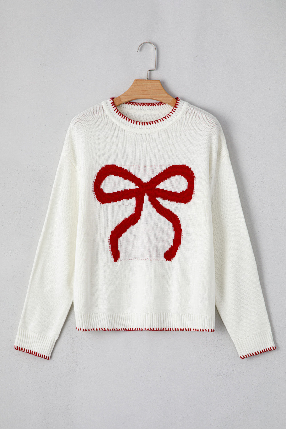 White Bow Pattern Contrast Trim Christmas Loose Graphic Sweater Sweaters JT's Designer Fashion