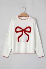 White Bow Pattern Contrast Trim Christmas Loose Graphic Sweater Sweaters JT's Designer Fashion