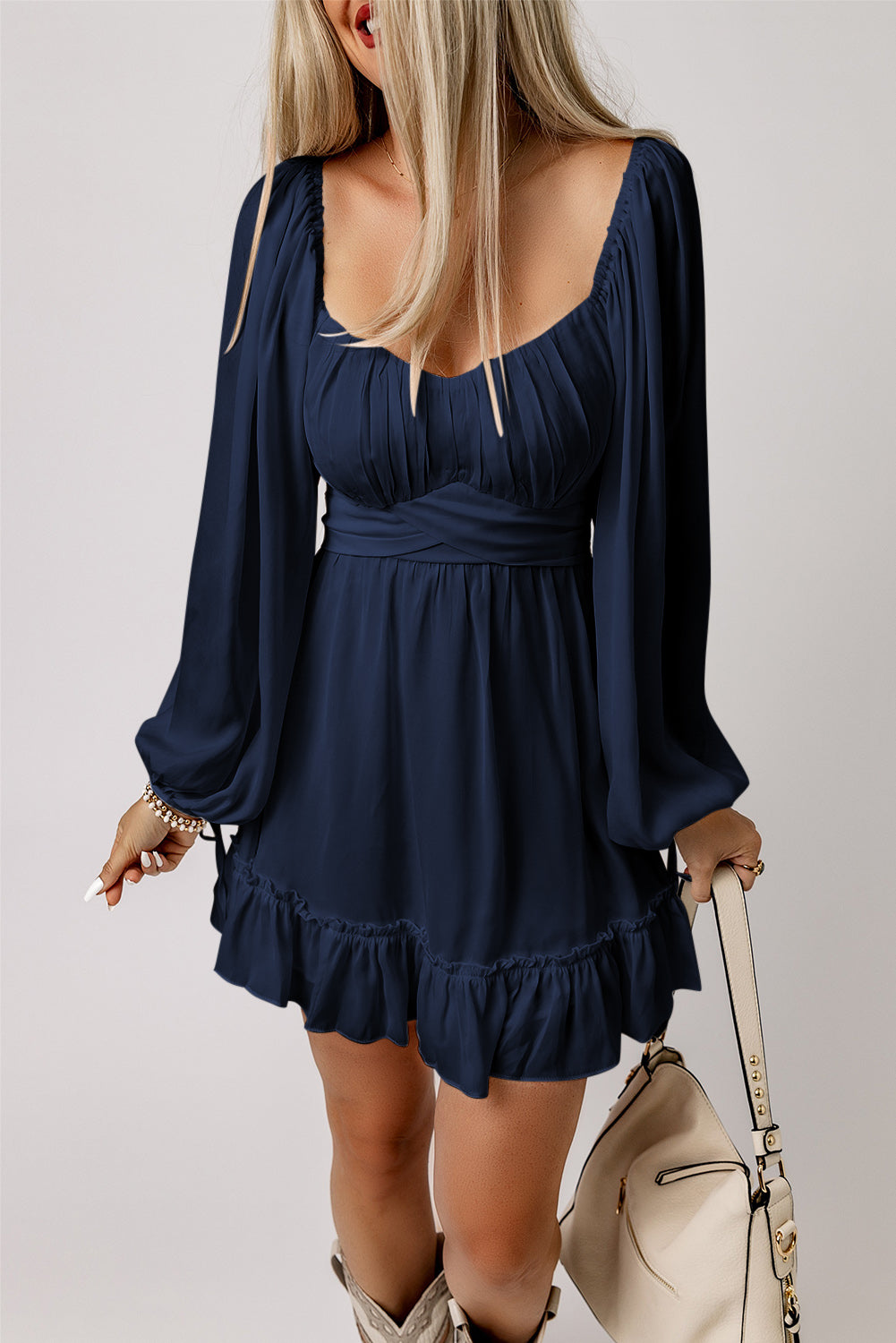 Blue White Plain Ruffled High Waist Square Neck Mini Dress Mini Dresses JT's Designer Fashion