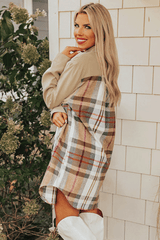 Khaki Plaid Patchwork Long Sleeve Shirt Mini Dress Mini Dresses JT's Designer Fashion