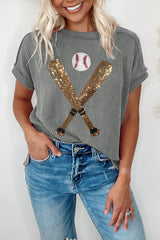 Medium Grey Sequin Baseball Pattern Ribbed Knit Crewneck T Shirt Graphic Tees JT's Designer Fashion