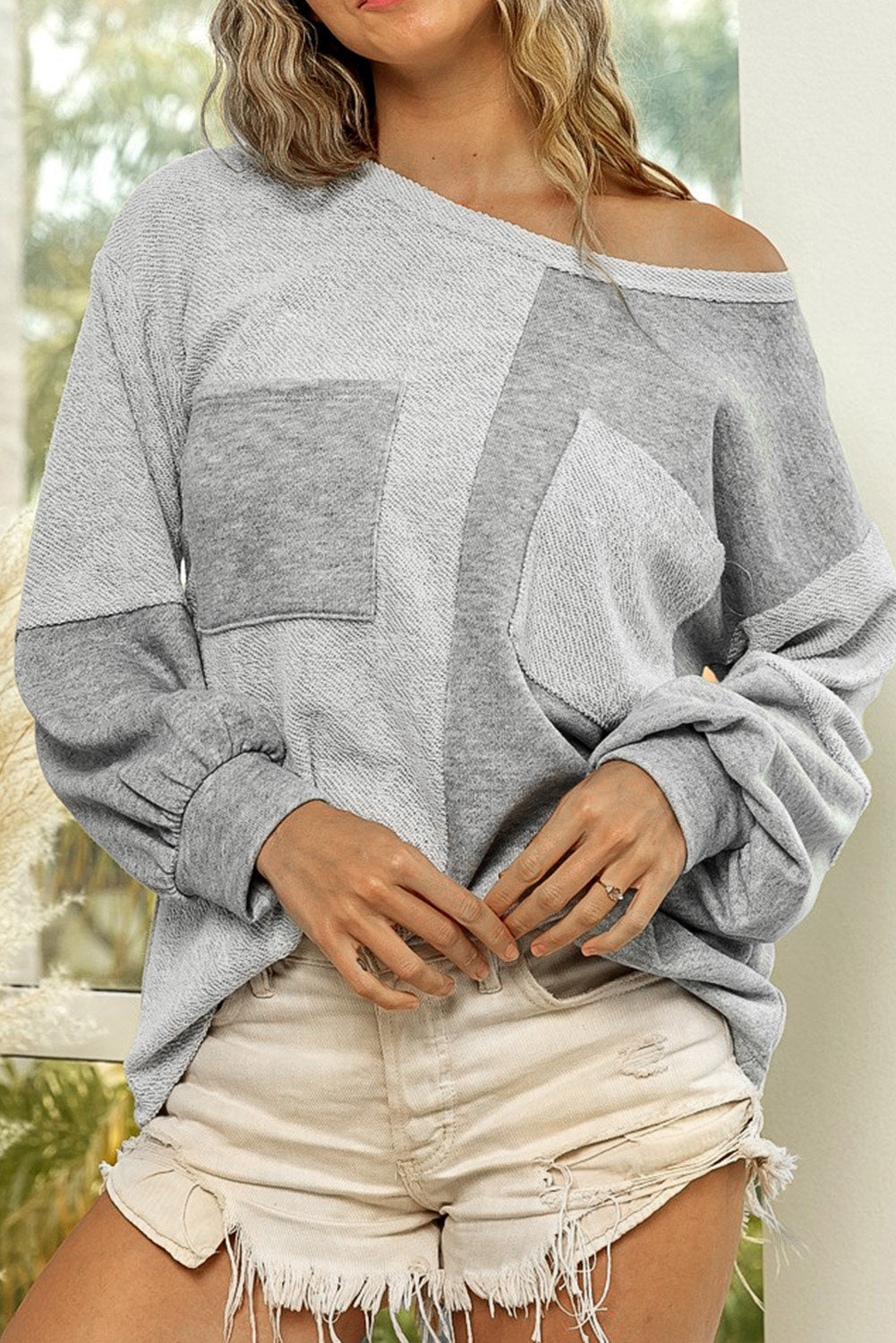Gray Contrast Patchwork Double Chest Pocket Top Long Sleeve Tops JT's Designer Fashion